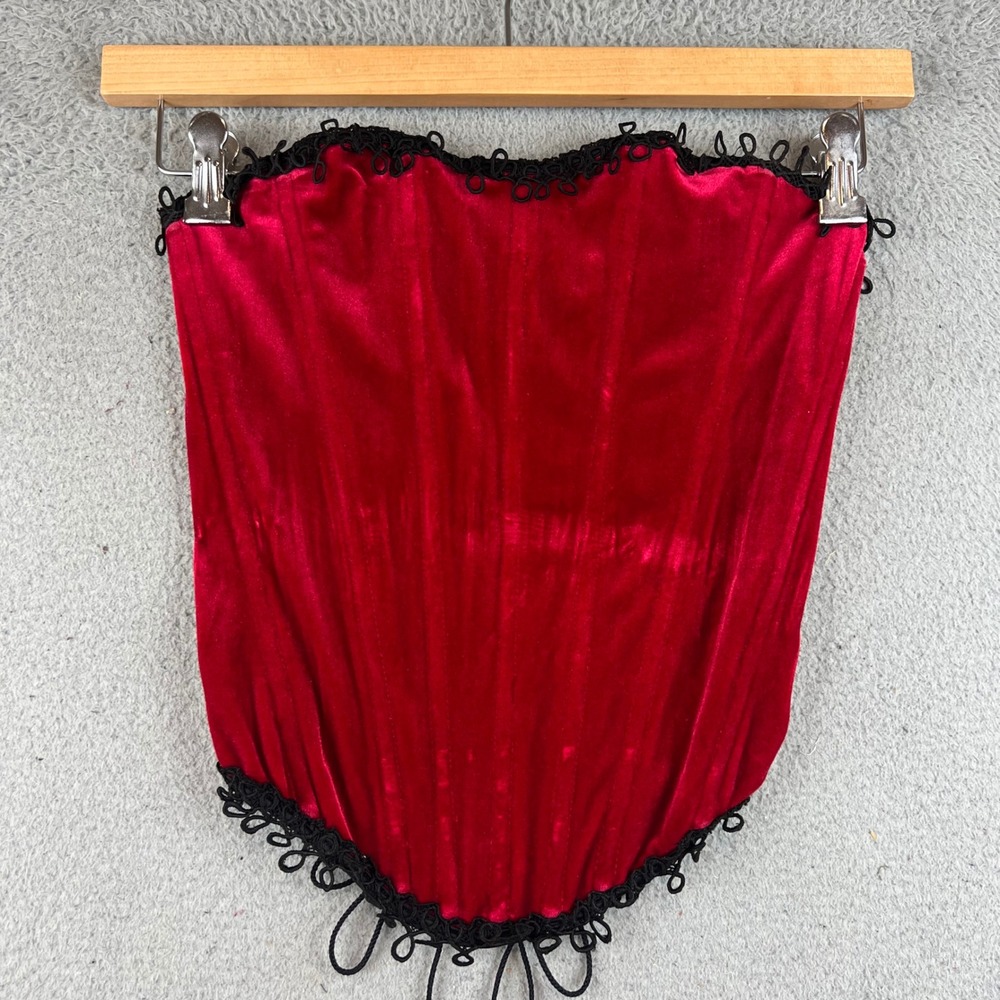 Coquette Red Velvet Lace Up Corset Top Black Trim Strapless S Small